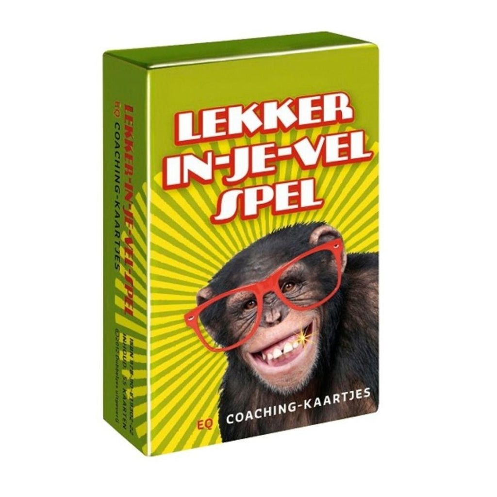 Lekker in je vel spel emoties herkennen en benoemen eq coaching kaartjes uitgeverij dubbel zes spel met aap op voorkant dierenspel met emoties 